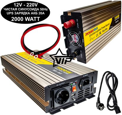 Інвертор 12V-220 "ROGER 2000W" із зарядним пристроєм (функція UPS, Чиста синусоїда, 2000Вт)