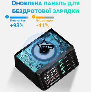 Багатопортова зарядна док-станція WLX-X9D з бездротовою зарядкою (4 порти Type-C + 4 USB-A | QC3.0, PD4.0, 1