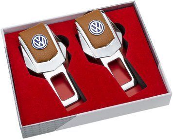 Заглушки ремней безопасности "VOLKSWAGEN" премиум качества (Авиационная сталь, коричневая кожа, к-кт 2шт)