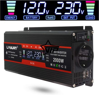 Інвертор 12V-220 "FOVAL 2000W MOD", перетворювач напруги 12V-220V (Мод Сінусоїда, 2000Вт, LCD)