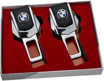 Заглушки ремней безопасности "BMW" премиум качества (Авиационная сталь, черная кожа, к-кт 2шт)