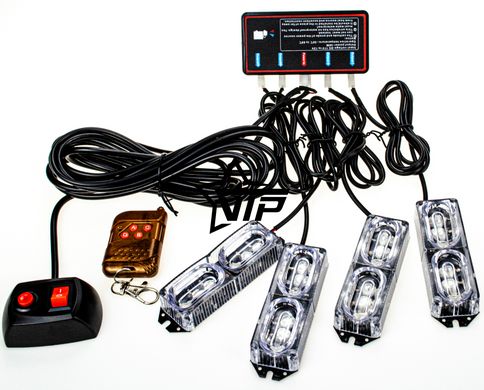 Стробоскоп "Federal Police 063-4LED", полицейская мигалка (красно-синие 4шт, пульт ДУ, под решетку, бампер)