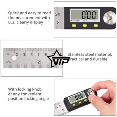 Электронный цифровой угломер-линейка "TL454-200" (транспортир, малка, 0-360°)