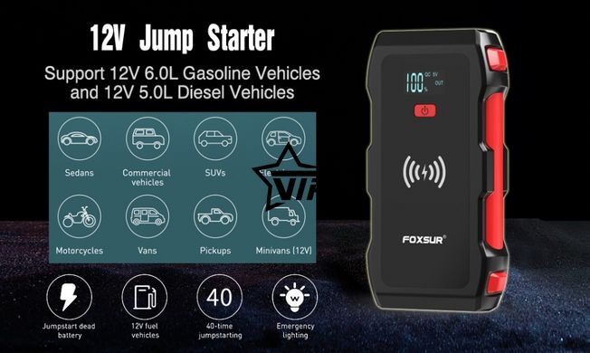 Пускозарядное устройство "Foxsur FJS-700", Бустер для авто Jump Starter (26800 mAh, 800A)