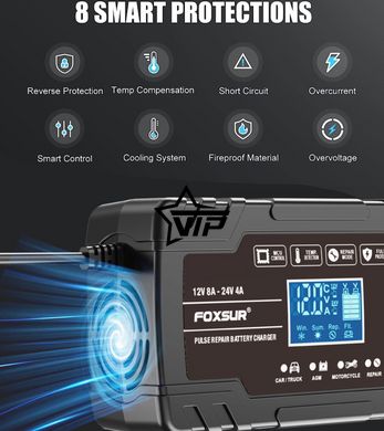 Зарядний пристрій Foxsur (12V 8A / 24V 4A) для легкових та вантажних авто з функцією відновлення АКБ