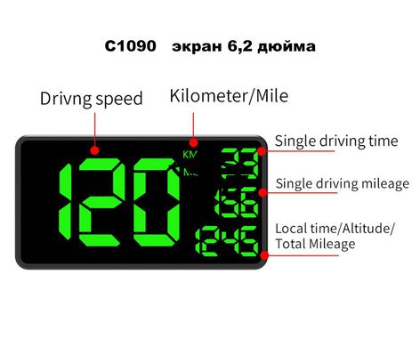 Автомобільний GPS спідометр HUD C1090 (Екран 6,2 дюйми, Цифровий універсальний 12-24V)