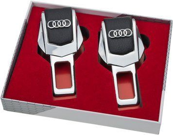Заглушки ремней безопасности "AUDI" премиум качества (Авиационная сталь, черная кожа, к-кт 2шт)