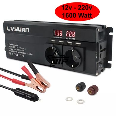 Инвертор 12V-220 "LVYUAN 1600W", преобразователь напряжения 12V-220V (4USB, 3 евро-розетки, 1600Вт)