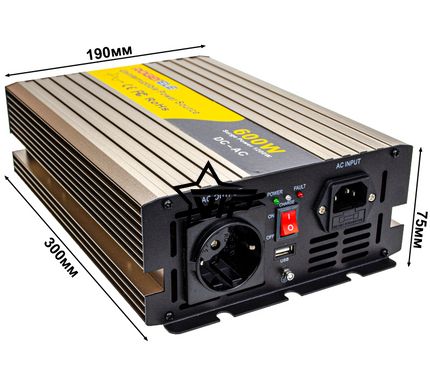 Інвертор 12V-220 "ROGER 1200W" із зарядним пристроєм (функція UPS, Чиста синусоїда, 1200Вт)