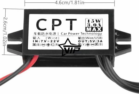 Перетворювач напруги "CPT 2B" 12В - 5В на 2 USB струм 3А (з кріпленням)
