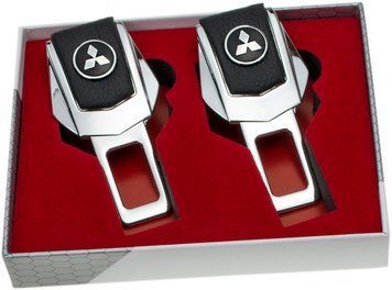 Заглушки ремней безопасности "MITSUBISHI" премиум качества (Авиационная сталь, черная кожа, к-кт 2шт)