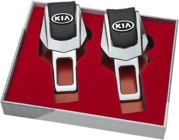 Заглушки ремней безопасности "KIA" премиум качества (Авиационная сталь, черная кожа, к-кт 2шт)