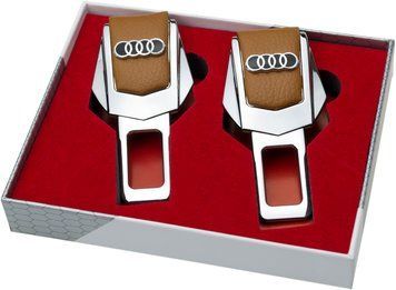 Заглушки ремней безопасности "AUDI" премиум качества (Авиационная сталь, коричневая кожа, к-кт 2шт)